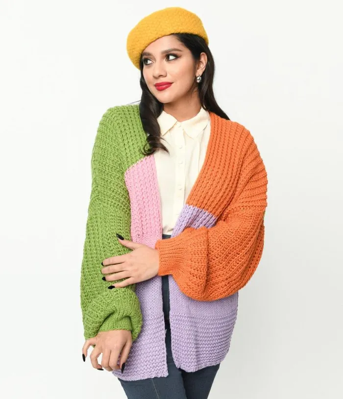 Multicolor Color Block Open Cardigan Clothing Unique Vintage Sweaters and Cardigans