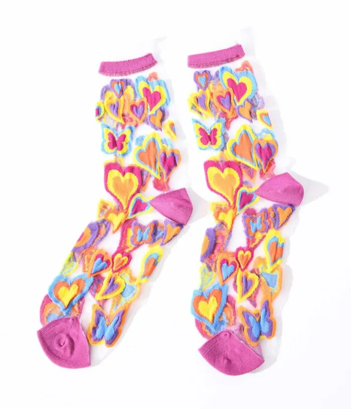 Multicolor Hearts Sheer Ruffle Crew Socks Accessories Unique Vintage Stockings and Tights