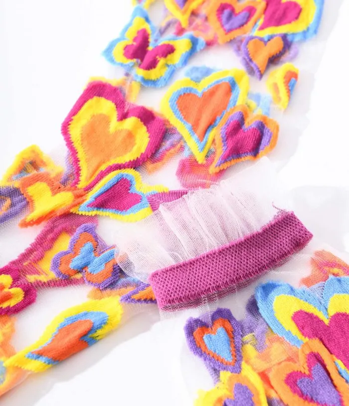 Multicolor Hearts Sheer Ruffle Crew Socks Accessories Unique Vintage Stockings and Tights