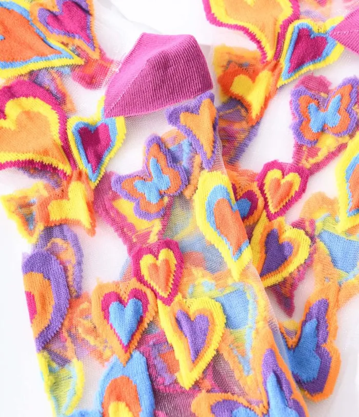 Multicolor Hearts Sheer Ruffle Crew Socks Accessories Unique Vintage Stockings and Tights