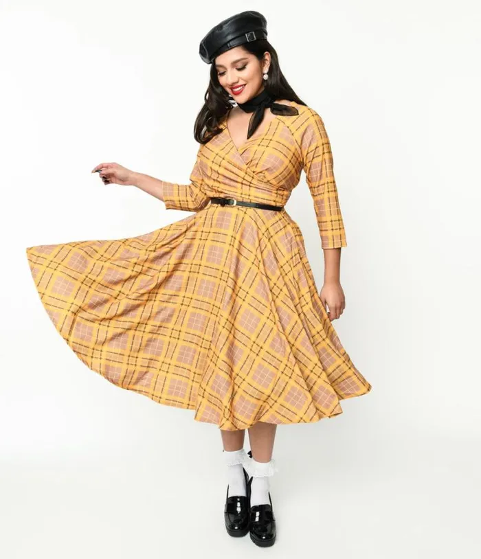 Mustard Yellow Plaid Kacee Swing Dress DressesPlus Unique Vintage Pocket Dresses
