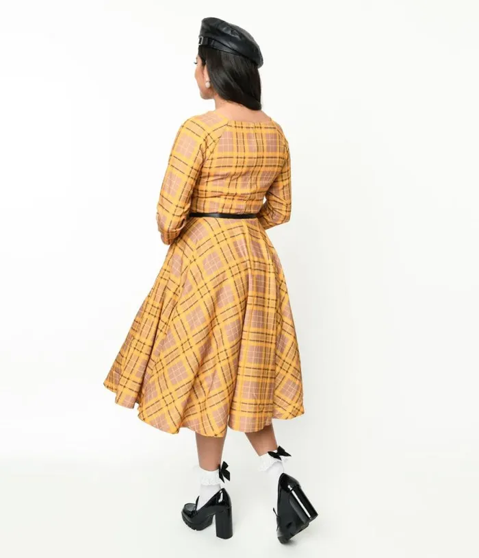Mustard Yellow Plaid Kacee Swing Dress DressesPlus Unique Vintage Pocket Dresses