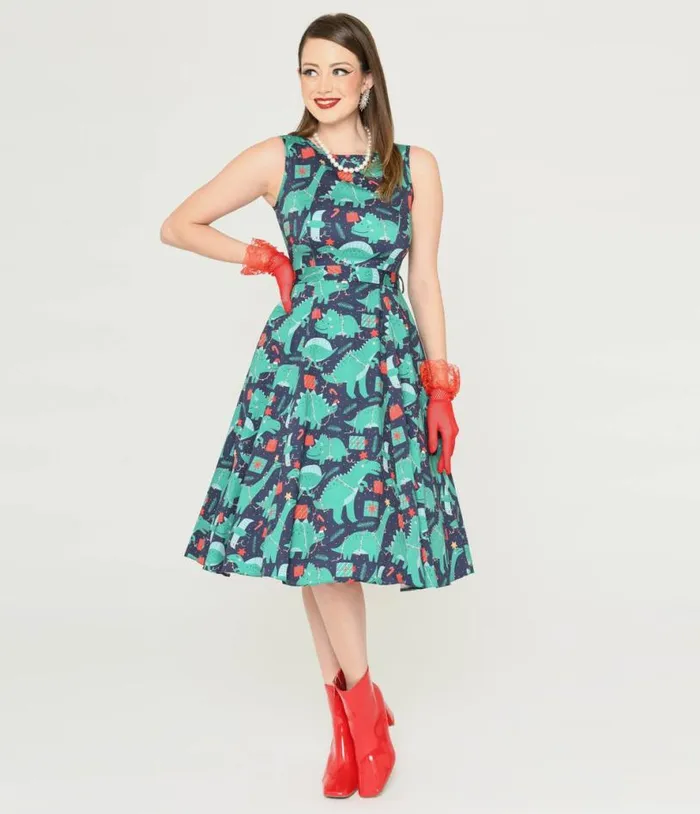 Navy and Dino Christmas Print Swing Dress DressesPlus Unique Vintage Pocket Dresses Navy and Dino Christmas Print Swing Dress DressesPlus Unique Vintage Pocket Dresses