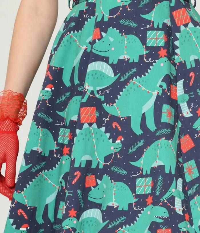 Navy and Dino Christmas Print Swing Dress DressesPlus Unique Vintage Pocket Dresses