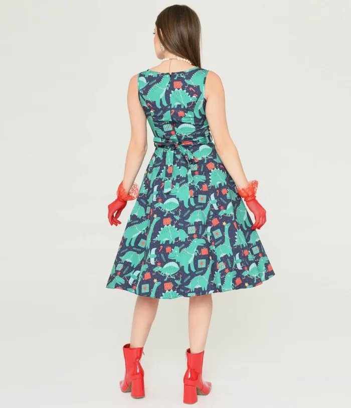 Navy and Dino Christmas Print Swing Dress DressesPlus Unique Vintage Pocket Dresses