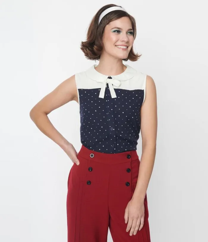 Navy and Ivory Pin Dot Bow Top Clothing Unique Vintage Blouses