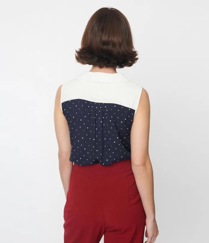 Navy and Ivory Pin Dot Bow Top Clothing Unique Vintage Blouses