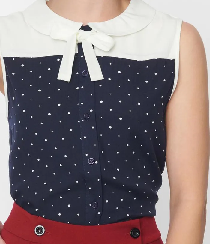 Navy and Ivory Pin Dot Bow Top Clothing Unique Vintage Blouses