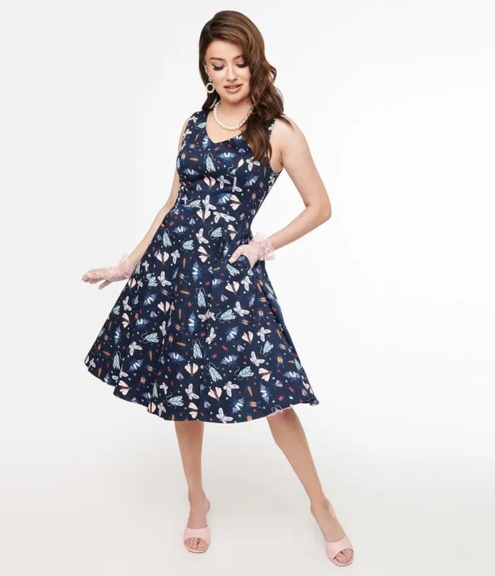 Navy and Multicolor Bug Cotton Swing Dress Dresses Unique Vintage Swing