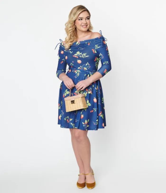 Navy and Orchard Print Off Shoulder Flare Dress Dresses Unique Vintage Fit and Flare Navy and Orchard Print Off Shoulder Flare Dress Dresses Unique Vintage Fit and Flare