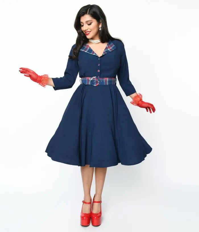 Navy and Plaid Contrast Lynette Swing Dress DressesPlus Unique Vintage Pocket Dresses Navy and Plaid Contrast Lynette Swing Dress DressesPlus Unique Vintage Pocket Dresses
