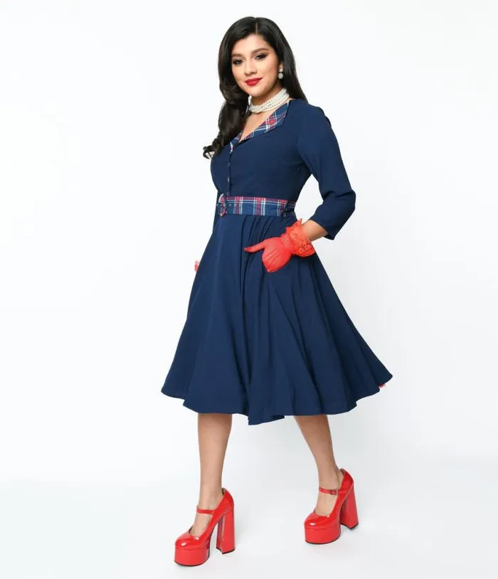 Navy and Plaid Contrast Lynette Swing Dress DressesPlus Unique Vintage Pocket Dresses