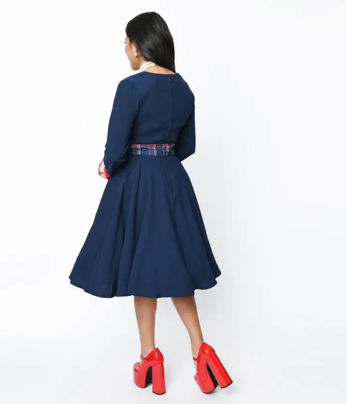Navy and Plaid Contrast Lynette Swing Dress DressesPlus Unique Vintage Pocket Dresses