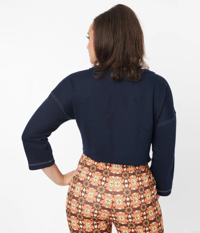 Navy Floral Button Cropped Petunia Cardigan Clothing Unique Vintage Sweaters and Cardigans