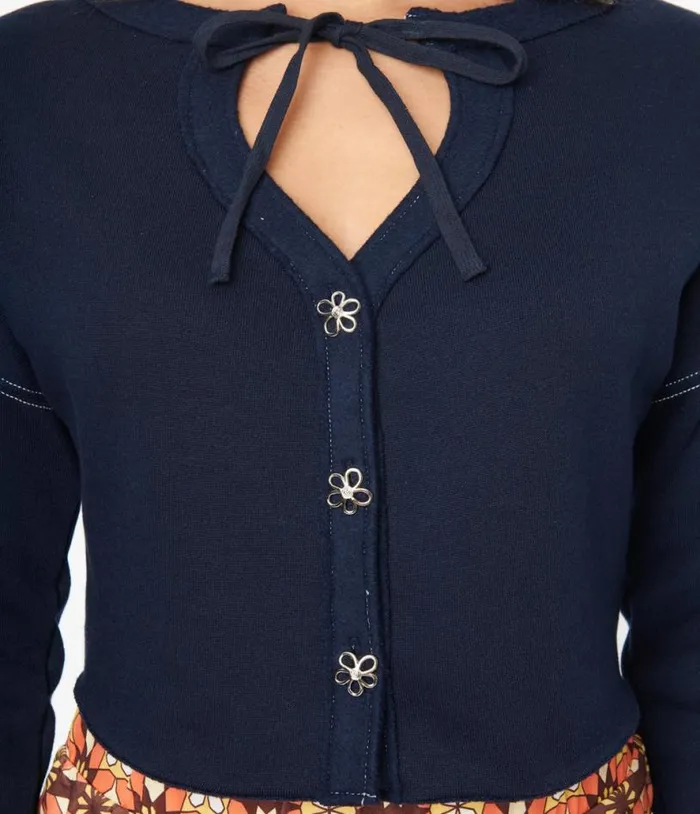 Navy Floral Button Cropped Petunia Cardigan Clothing Unique Vintage Sweaters and Cardigans