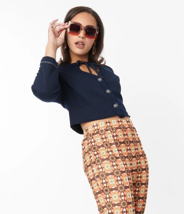 Navy Floral Button Cropped Petunia Cardigan Clothing Unique Vintage Sweaters and Cardigans