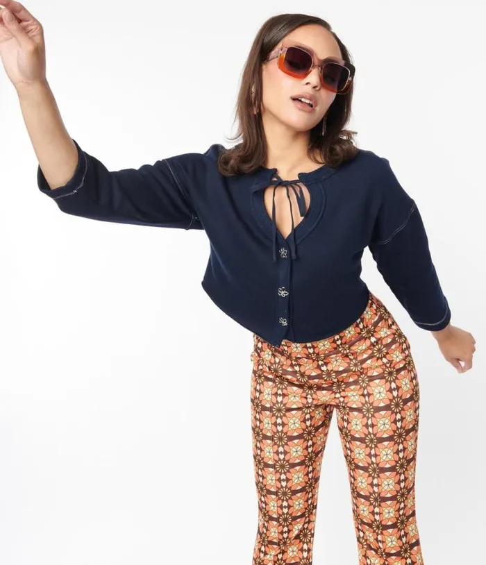 Navy Floral Button Cropped Petunia Cardigan Clothing Unique Vintage Sweaters and Cardigans