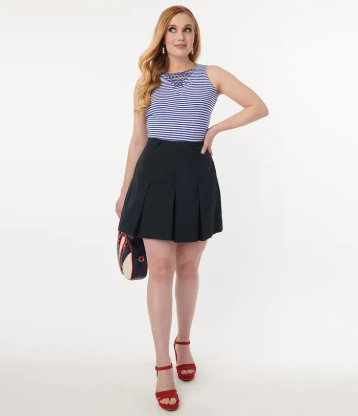 Navy Pleated Swish Shorts Clothing Unique Vintage Shorts