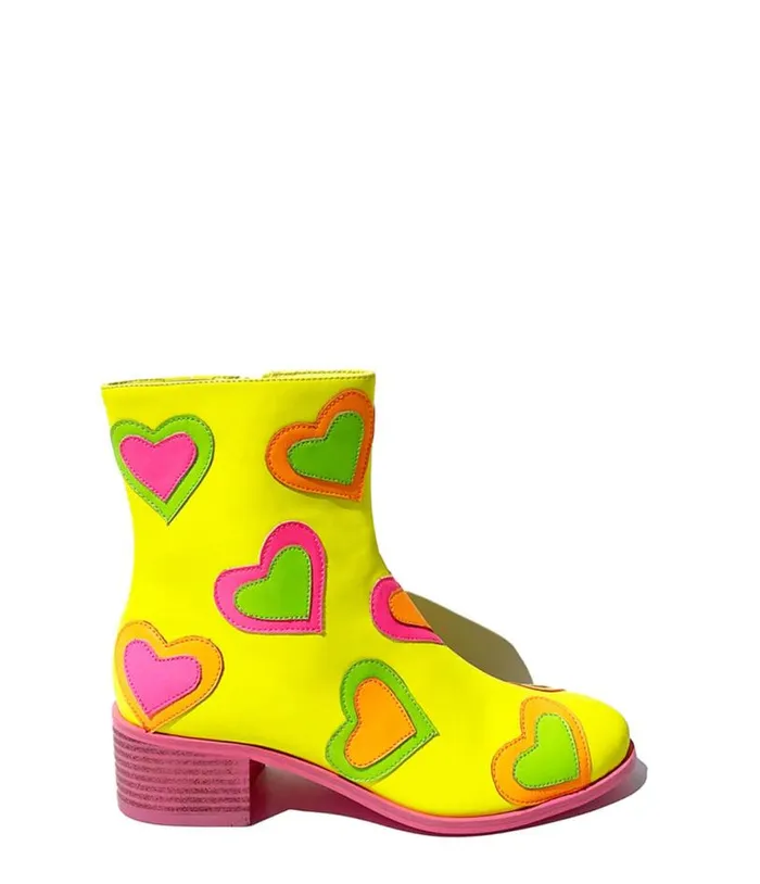Neon Yellow and Rainbow Heart To Heart Ankle Boot Shoes Unique Vintage Boots