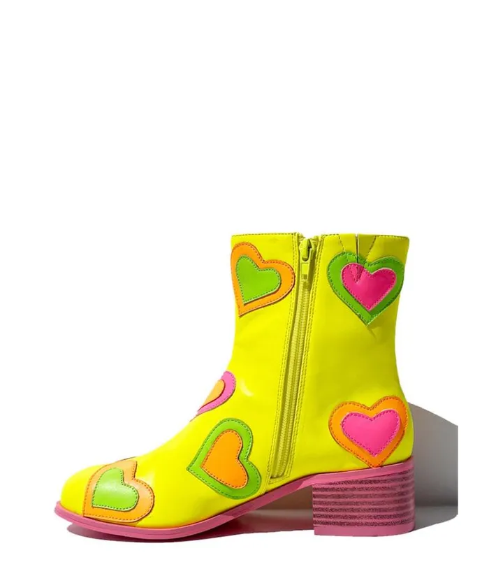Neon Yellow and Rainbow Heart To Heart Ankle Boot Shoes Unique Vintage Boots