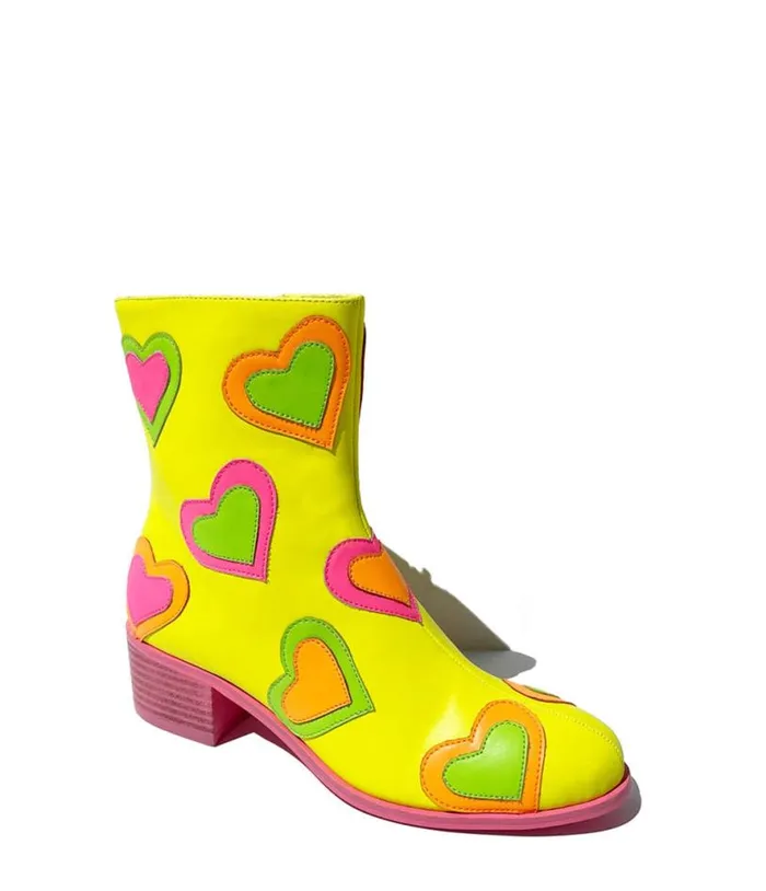 Neon Yellow and Rainbow Heart To Heart Ankle Boot Shoes Unique Vintage Boots