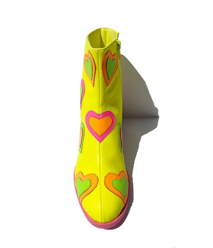 Neon Yellow and Rainbow Heart To Heart Ankle Boot Shoes Unique Vintage Boots