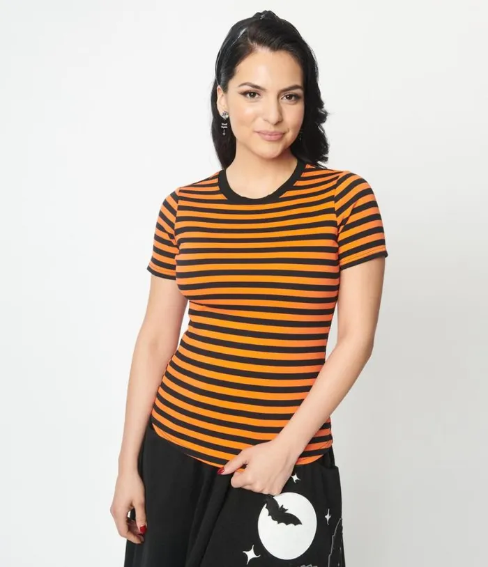 Orange and Black Stripe Back To Basics Top Halloween Unique Vintage Tops