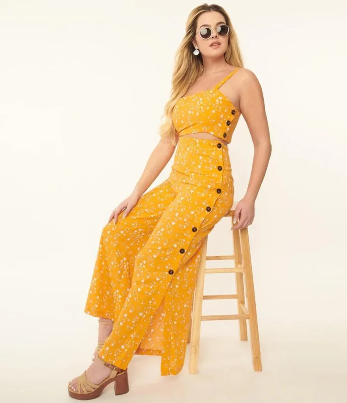 Orange and White Floral Side Button Pants Clothing Unique Vintage Pants