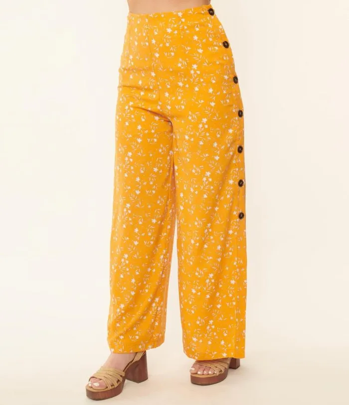 Orange and White Floral Side Button Pants Clothing Unique Vintage Pants