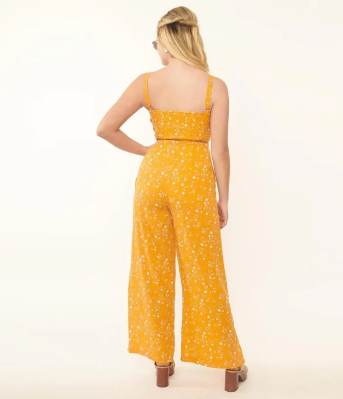 Orange and White Floral Side Button Pants Clothing Unique Vintage Pants