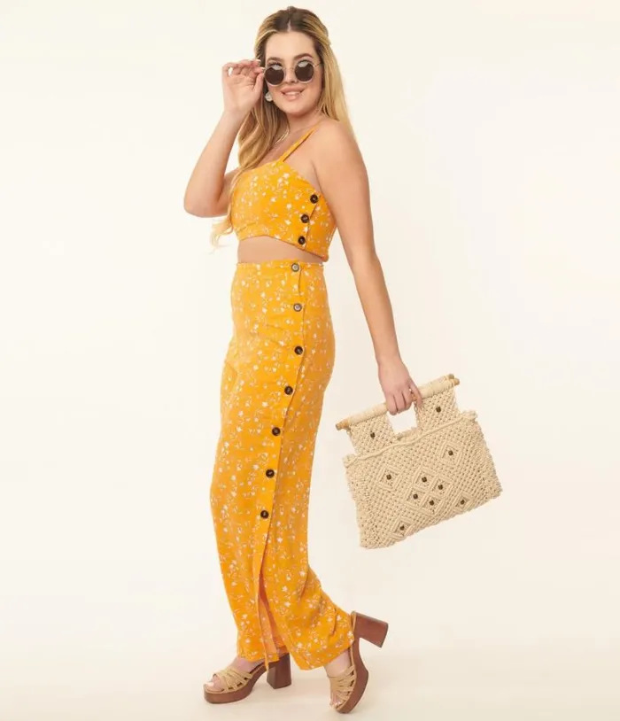 Orange and White Floral Side Button Pants Clothing Unique Vintage Pants