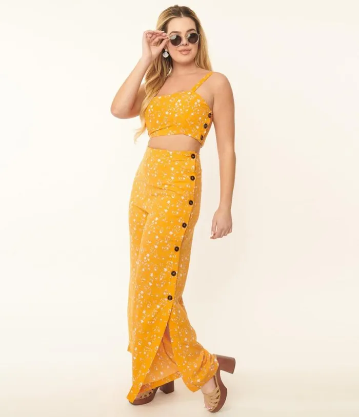 Orange and White Floral Side Button Pants Clothing Unique Vintage Pants