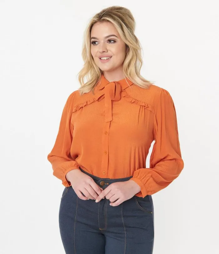 Orange Ruffle Yoke Bow Blouse Clothing Unique Vintage Blouses
