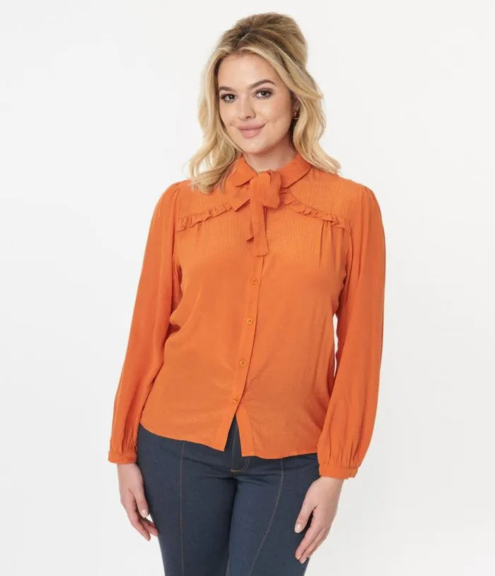 Orange Ruffle Yoke Bow Blouse Clothing Unique Vintage Blouses