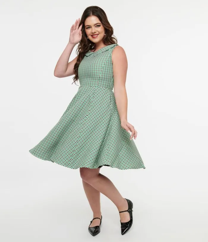 Orchid Bloom 1950s Green and Black Plaid Fit and Flare Dress DressesPlus Unique Vintage Pocket Dresses