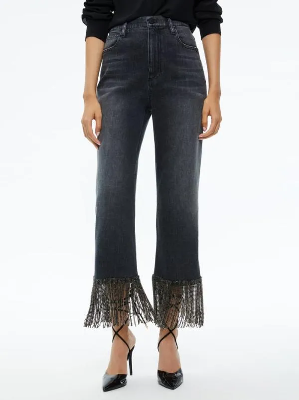 Pants Women Alice Olivia AMAZING CRYSTAL FRINGE HEM JEAN Maya Charcoal Black