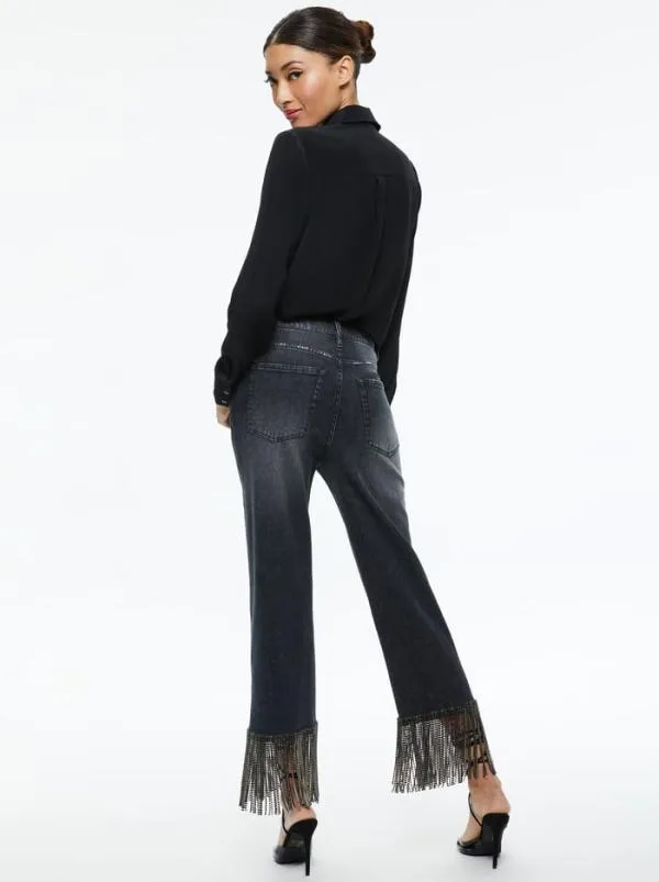 Pants Women Alice Olivia AMAZING CRYSTAL FRINGE HEM JEAN Maya Charcoal Black