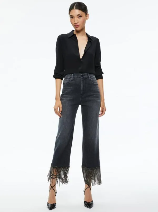 Pants Women Alice Olivia AMAZING CRYSTAL FRINGE HEM JEAN Maya Charcoal Black