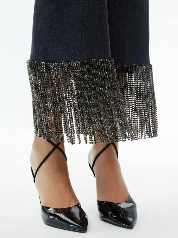 Pants Women Alice Olivia AMAZING CRYSTAL FRINGE HEM JEAN Maya Charcoal Black
