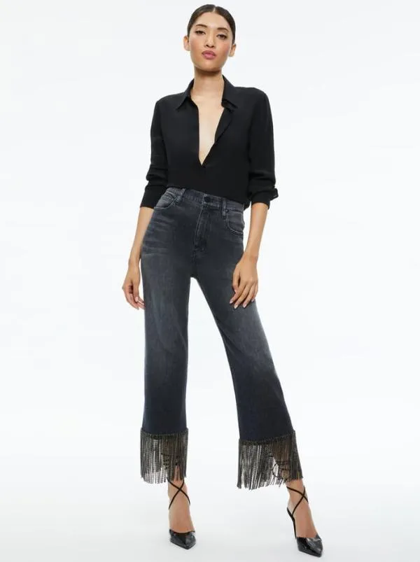 Pants Women Alice Olivia AMAZING CRYSTAL FRINGE HEM JEAN Maya Charcoal Black