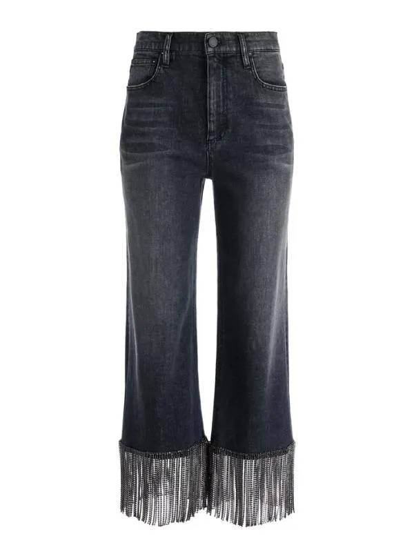 Pants Women Alice Olivia AMAZING CRYSTAL FRINGE HEM JEAN Maya Charcoal Black