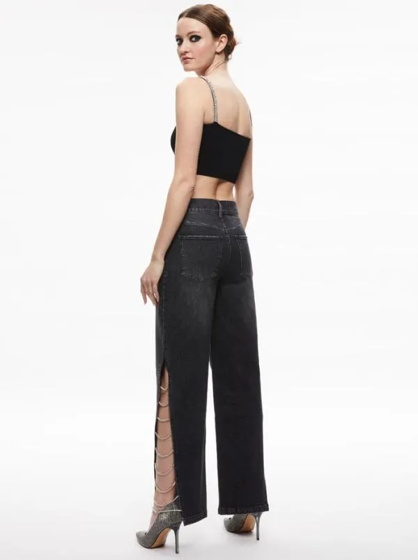Pants Women Alice Olivia GAYLE EMBELLISHED SIDE JEAN Maya Charcoal Black