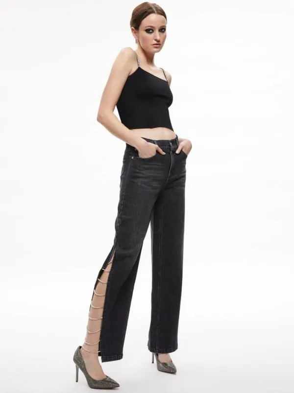 Pants Women Alice Olivia GAYLE EMBELLISHED SIDE JEAN Maya Charcoal Black