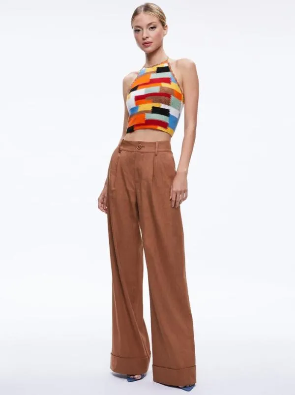 Pants Women Alice Olivia TOMASA CUFFED LINEN TROUSER Camel