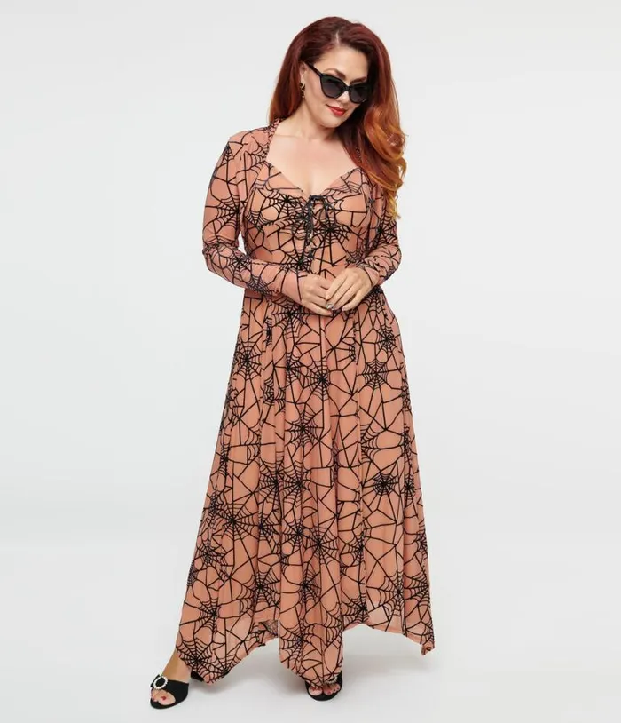 Peach and Black Spiderweb Willow Maxi Dress and Bolero Set Dresses Unique Vintage Maxi