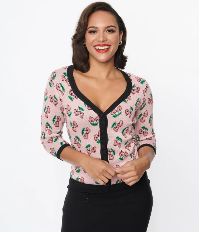 Pink and Cherry Hearts Cardigan Clothing Unique Vintage Sweaters and Cardigans