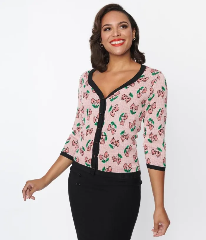 Pink and Cherry Hearts Cardigan Clothing Unique Vintage Sweaters and Cardigans