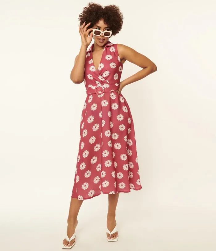 Pink and White Floral Print Midi Dress Dresses Unique Vintage Midi