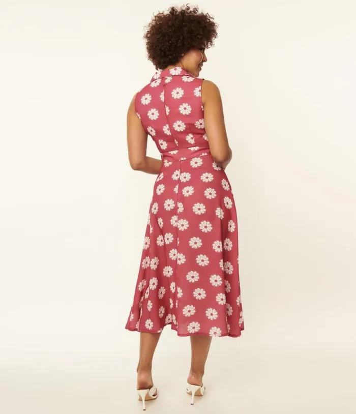 Pink and White Floral Print Midi Dress Dresses Unique Vintage Midi