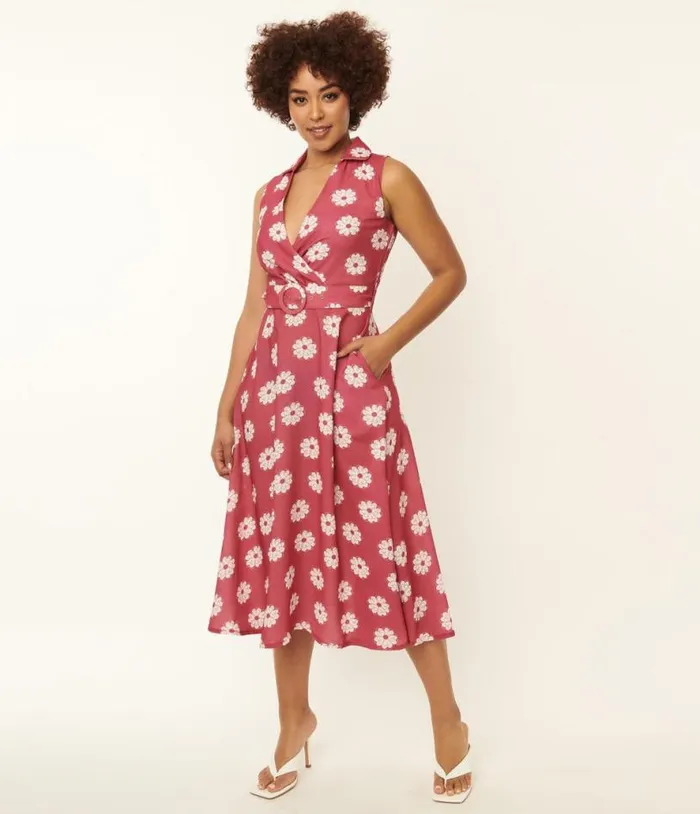 Pink and White Floral Print Midi Dress Dresses Unique Vintage Midi